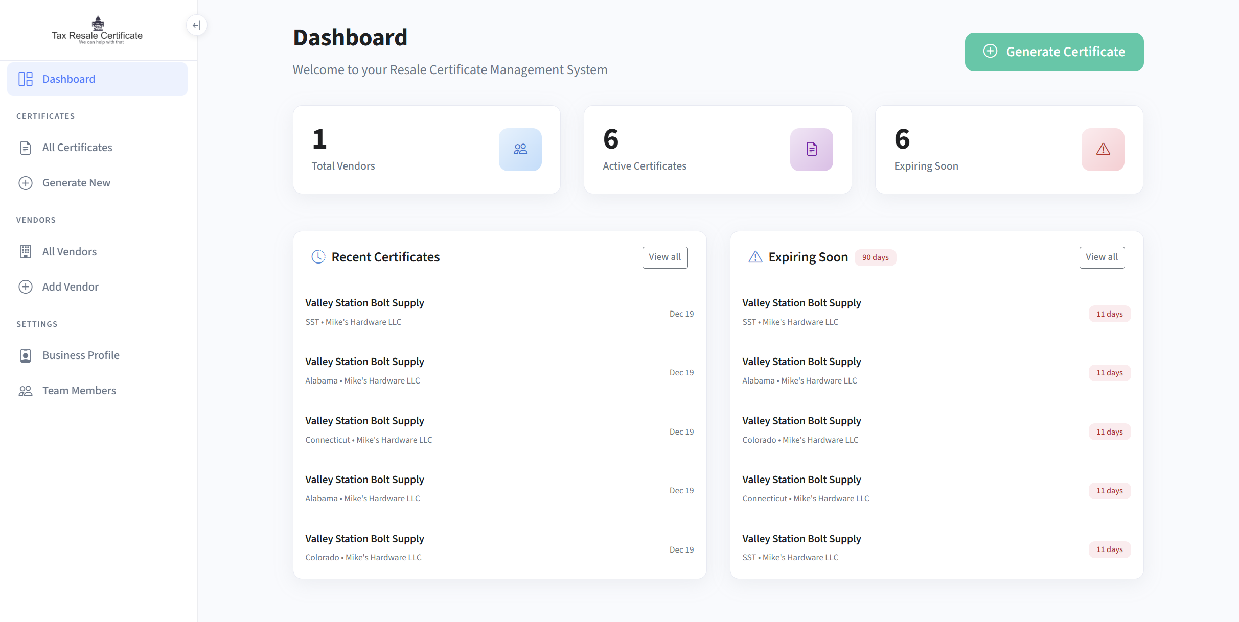 Sales Tax Resale Certificate Generator Portal Dashboard