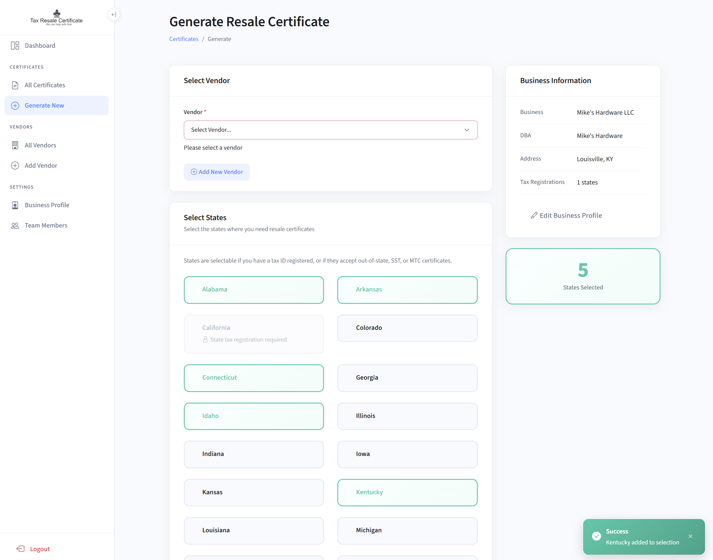 Select states to generate resale certificate