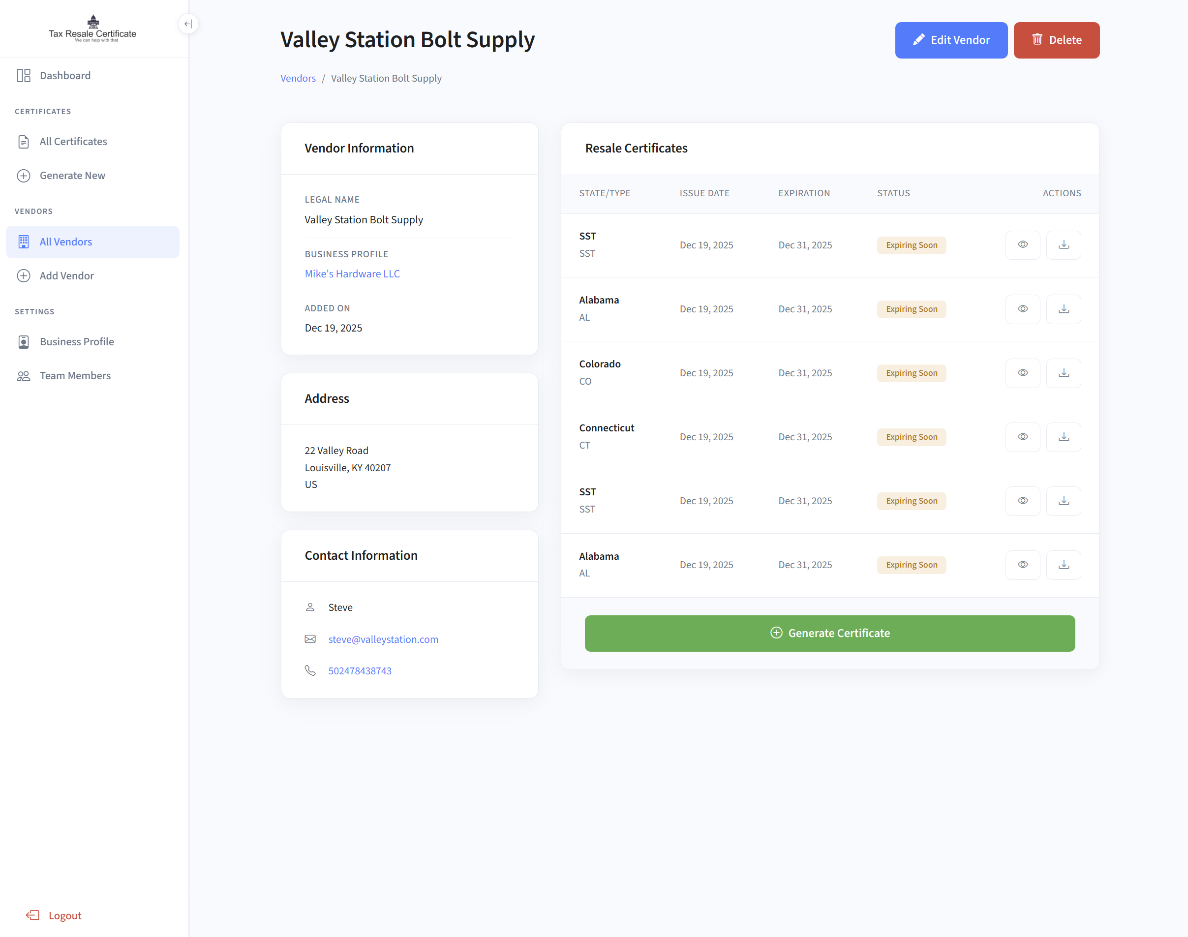 Vendor management for resale certificates